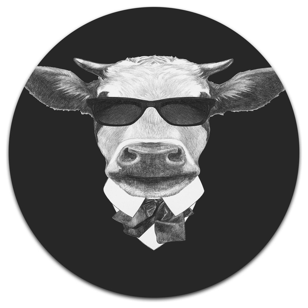 Funny Cow In Suit With Glasses, Modern Animal Round Metal Wall Art, 23"