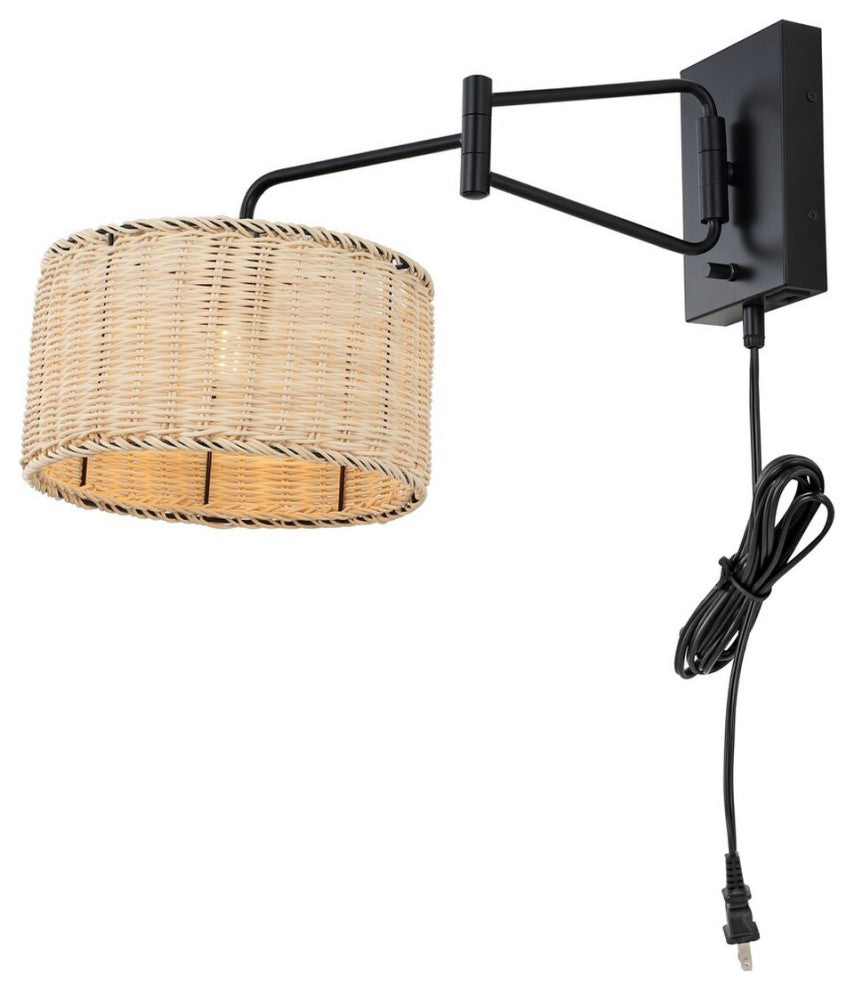 Safavieh Bramley Wall Sconce Set of 2 w/ USB Port Black/Natural Rattan