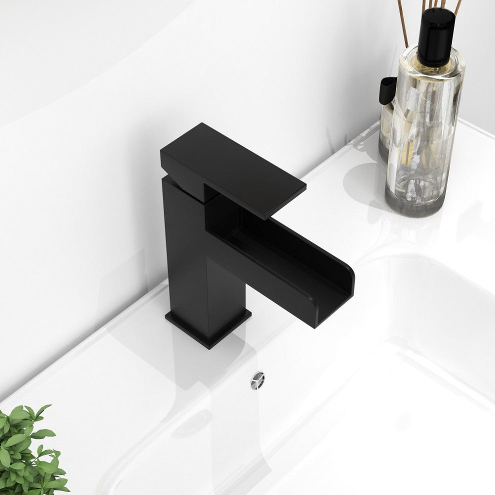 Modern Single Handle One Hole Waterfall Bathroom Sink Faucet Solid Brass, Matte Black