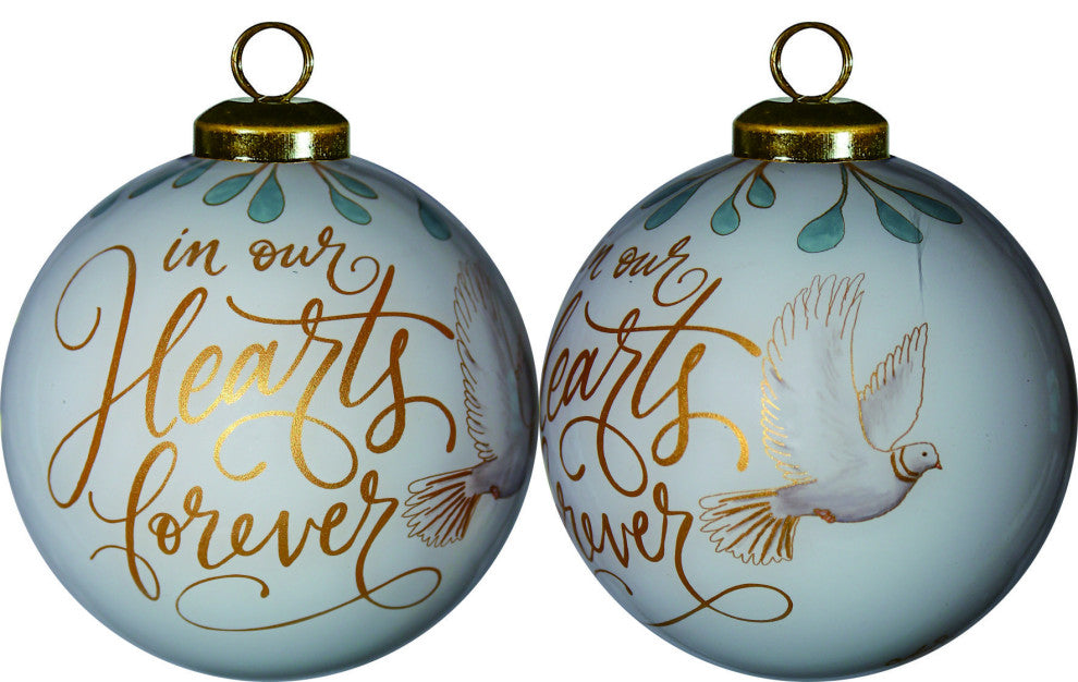 White and Gold In Our Hearts Forever Hand Painted Mouth Blown Glass Ornament