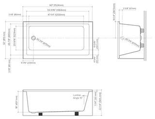 Transolid UATTR603222-L Ursula AFR 60x32x22 Alcove Acrylic Tub, Left