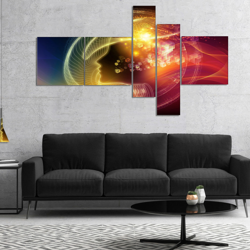Illuminating Human Head Fractal, Abstract Canvas Art Print, 60"x32", 5 panels