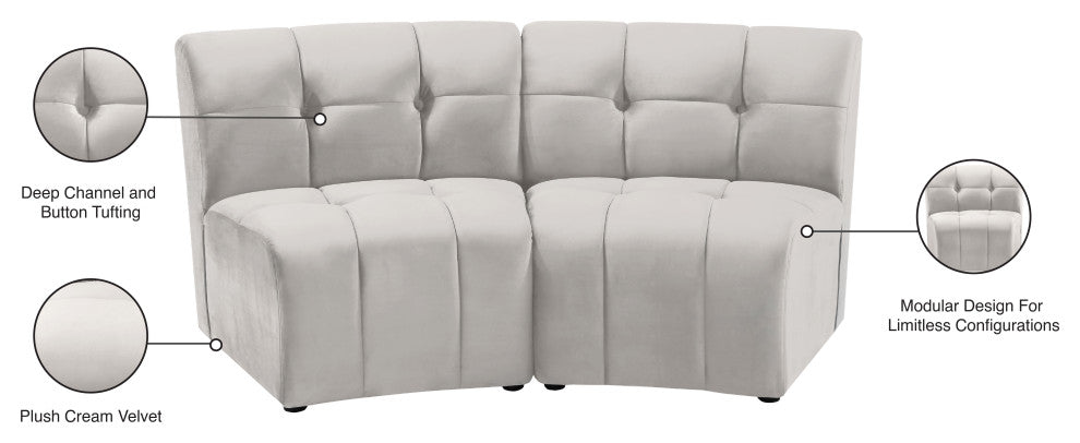 Limitless Velvet Upholstered 2-Piece Modular Sectional, Cream
