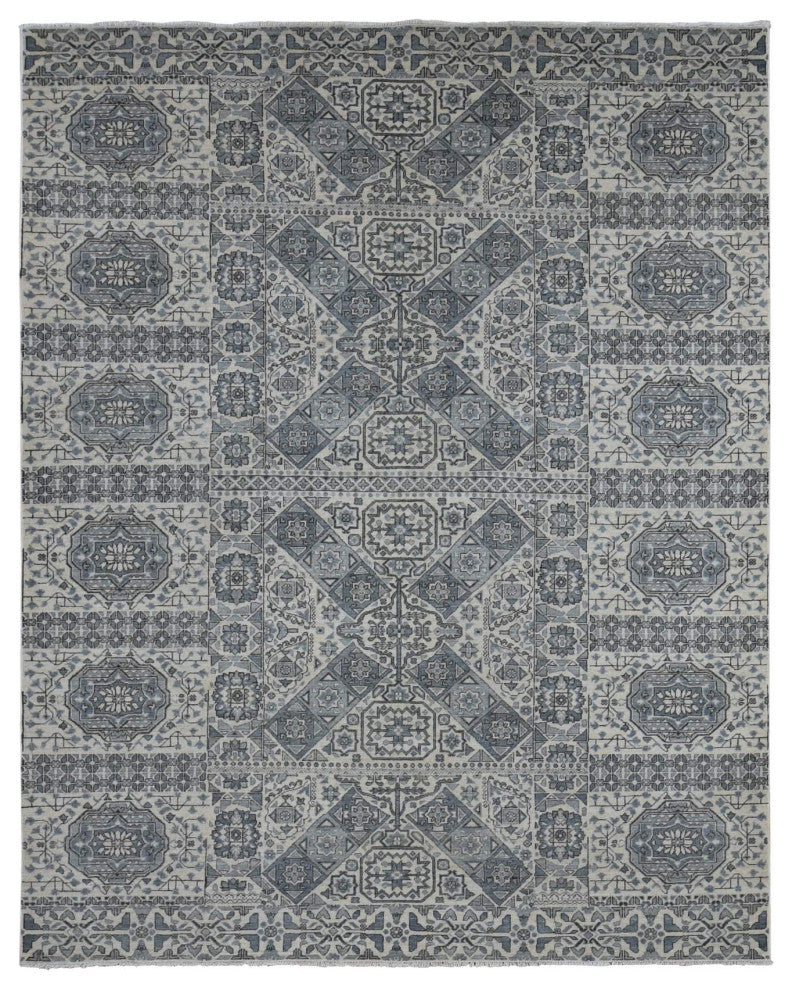 Gray, Ottoman Mamluk Design, Hand Knotted, Undyed Natural Wool Rug, 8'2"x10'5"