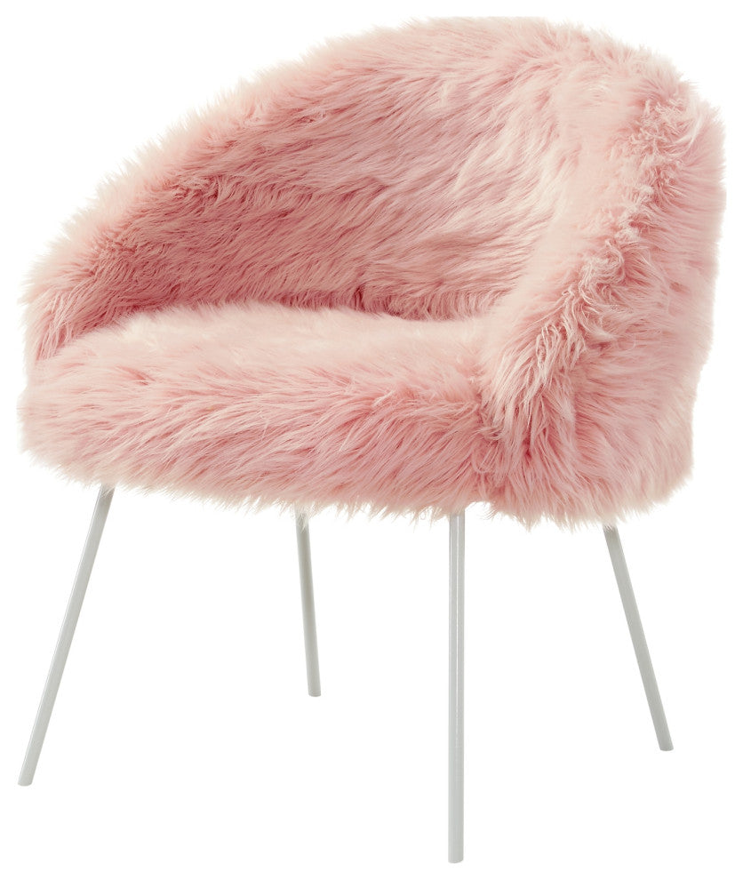 Connor Faux Fur Accent Chair, White Powder Coated Metal Leg, Rose