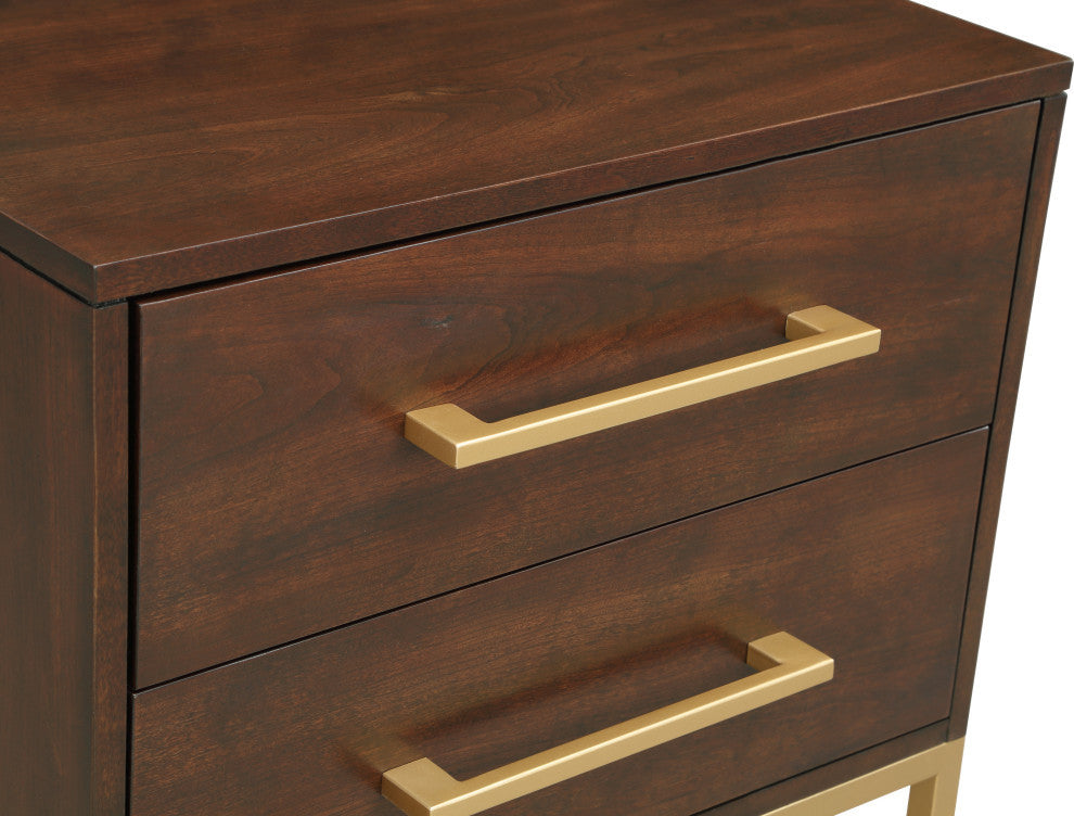 Maxine Wood Nightstand With Durable Brushed Gold Metal Base, Dark Cherry Finish
