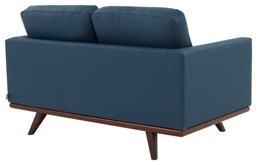 LeisureMod Chester Modern Leather Loveseat With Birch Wood Base, Navy Blue