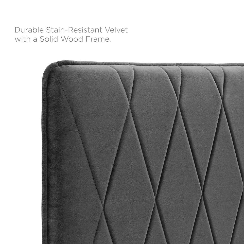 Platform Bed Frame, King Size, Velvet, Dark Gray, Modern Contemporary
