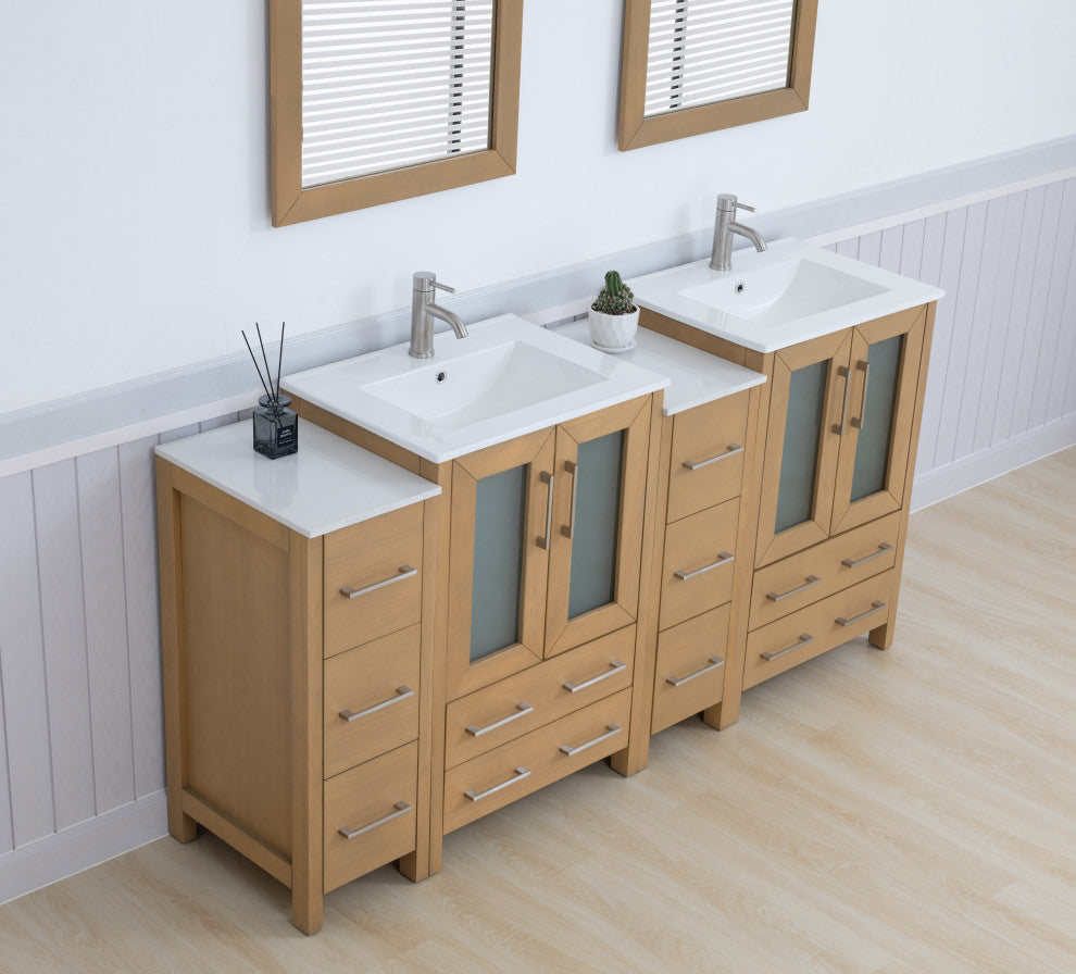 Vanity Art Vanity Set With Ceramic Top, 72", Natural Oak