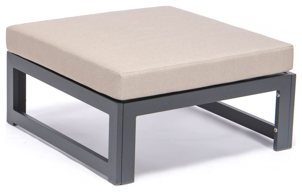 LeisureMod Chelsea Outdoor Black Ottomans With Cushions Set Of 2, Beige