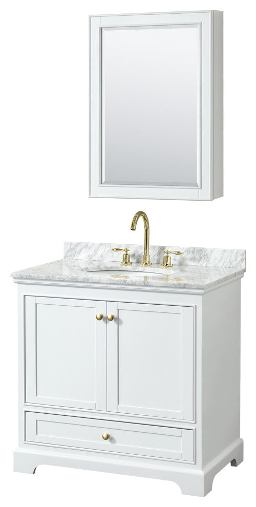 36" Single Bath Vanity White, Carrara Countertop, Sink, Gold Trim, Med. Cabinet
