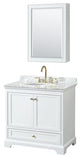 36" Single Bath Vanity White, Carrara Countertop, Sink, Gold Trim, Med. Cabinet