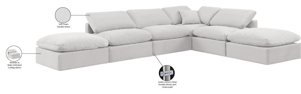 Indulge Upholstered Modular U-Shaped Sectional, Cream, 6-Piece: 3 Armless Chair, 1 Corner Chair, 2 Ottoman, Down Stuffed Velvet