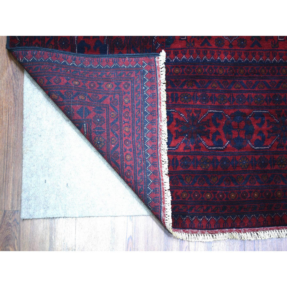 Deep and Saturated Red, Hand Knotted Afghan Khamyab Pure Wool Rug, 9'7"x12'9"