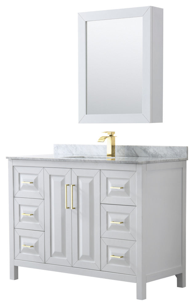 48"SGL Bathroom Vanity White, Carrara Countertop, Sink, Med. Cabinet, Gold Trim