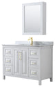 48"SGL Bathroom Vanity White, Carrara Countertop, Sink, Med. Cabinet, Gold Trim