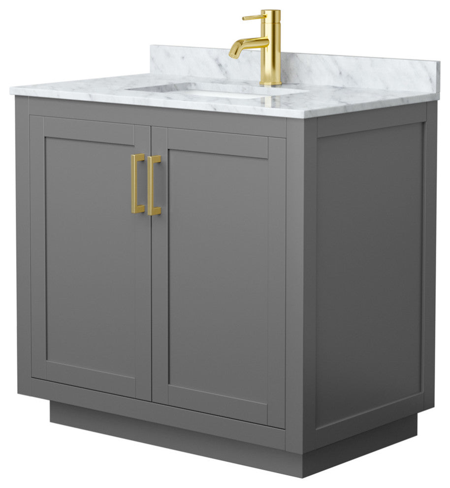 36" Single Bathroom Vanity Dark Gray, White Carrara Countertop, Sink, Gold Trim