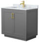 36" Single Bathroom Vanity Dark Gray, White Carrara Countertop, Sink, Gold Trim
