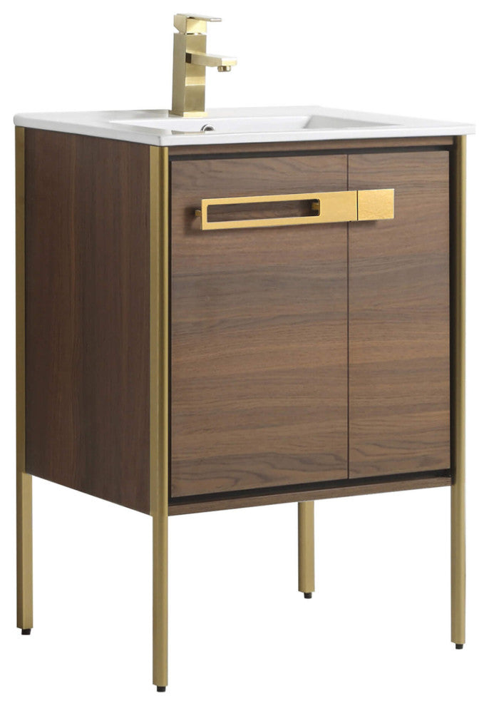 Oakville Bath Vanity, Ceramic Sink, Walnut Ebony, 24 Inch, Satin Brass Hardware
