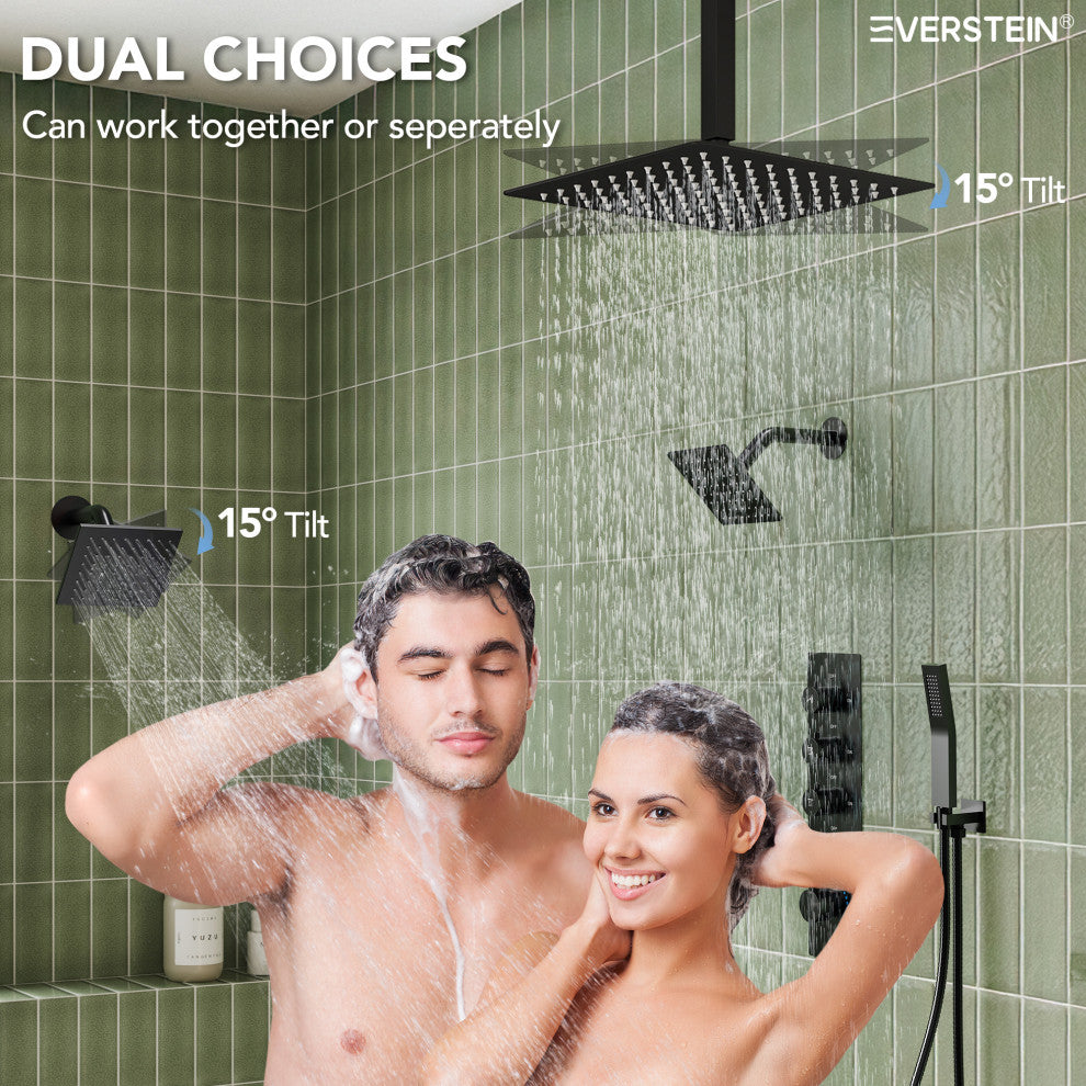 Triple Shower System 16" Rainfall Dual Shower Head with Thermostatic Valve, Matte Black