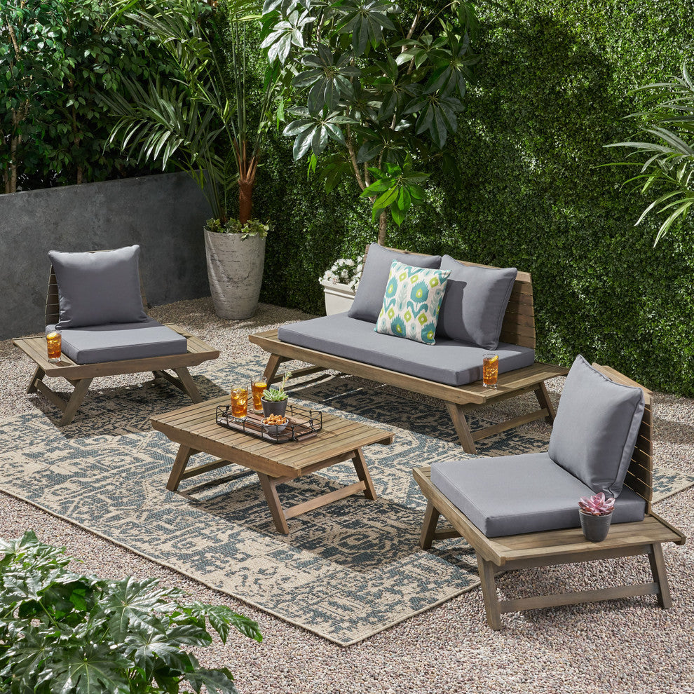 Lucy Outdoor Acacia Wood 4 Seater Chat Set, Gray, Dark Gray