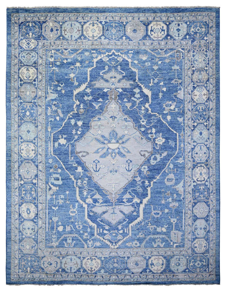 Blue Anatolian Village Inspired Soft Wool Hand Knotted Oversized Rug 11'9"x15'1"