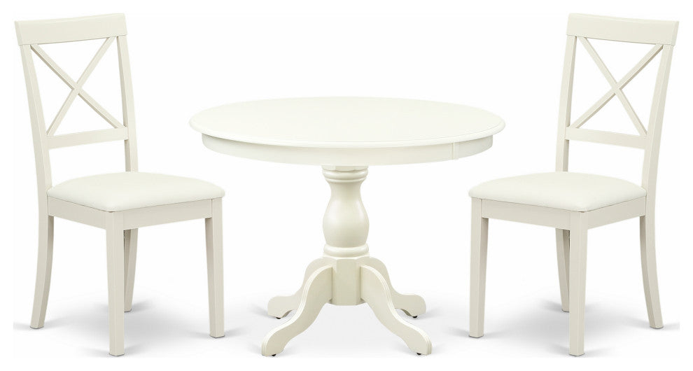 3 Pc Dining Set, Linen White Wood Table, 2 Linen White Faux Leather Chairs