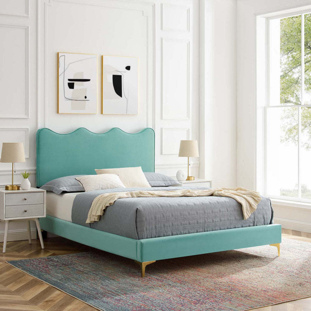 Platform Bed Frame, King Size, Blue, Velvet, Modern, Bedroom Master Guest Suite