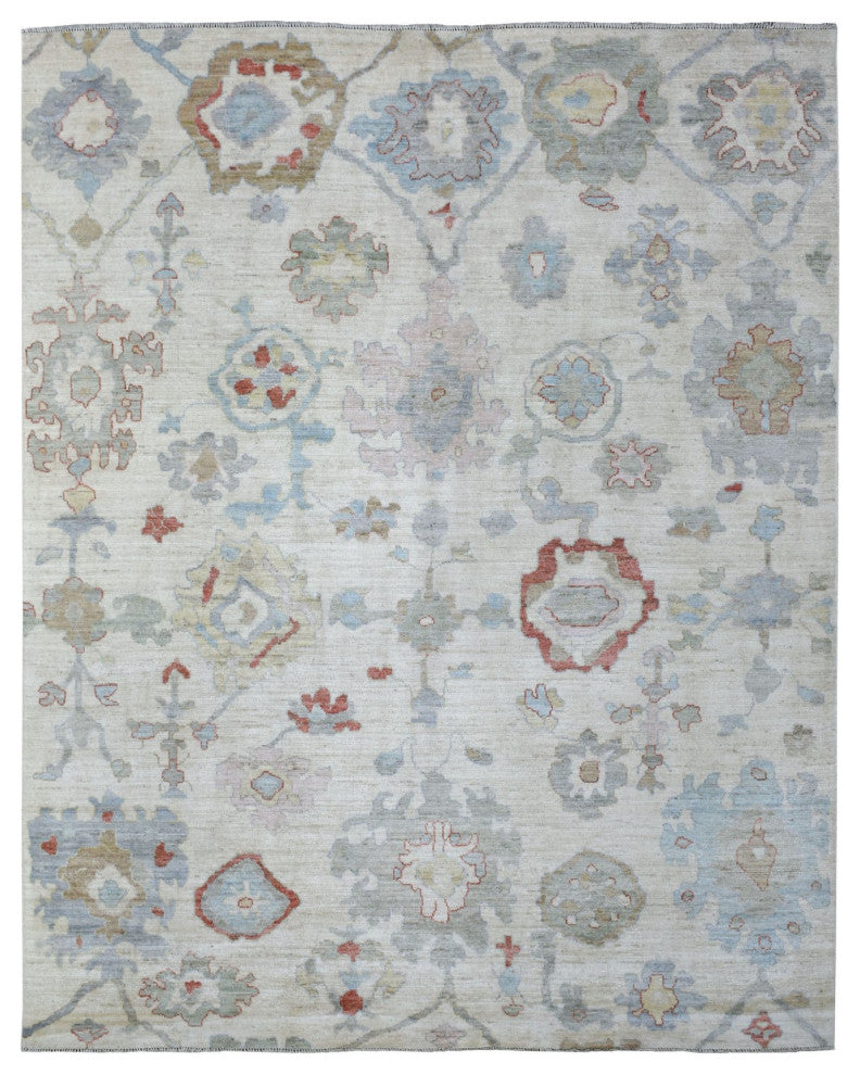 Ivory, Hand Knotted, Afghan Angora Oushak Pure Wool Oriental Rug, 8'1"x9'10"