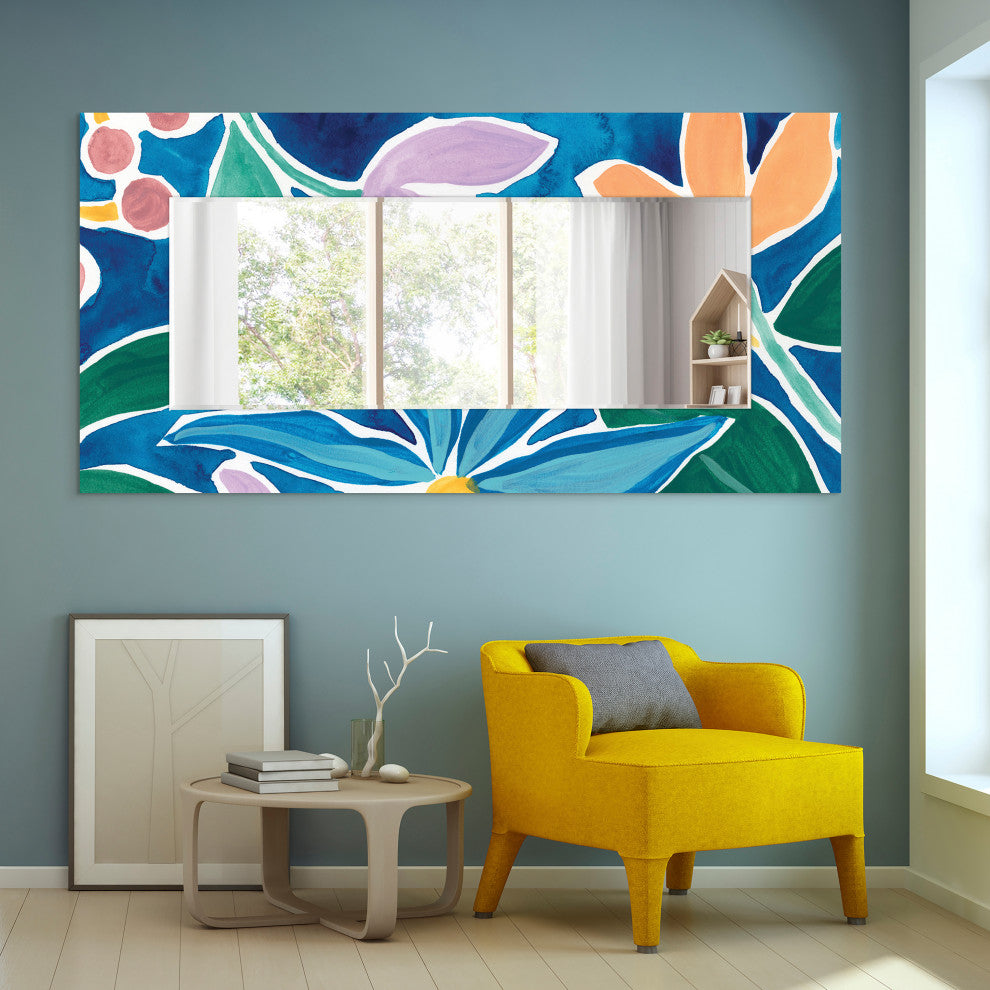 Blue Rectangular Beveled Mirror on Free Floating Printed Tempered Art Glass