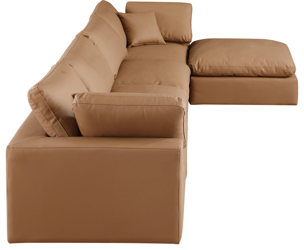 Comfy Upholstered L-Shaped Modular Sectional, Cognac, 5-Piece: 2 Armless Chair, 2 Corner Chair, 1 Ottoman, Vegan Leather