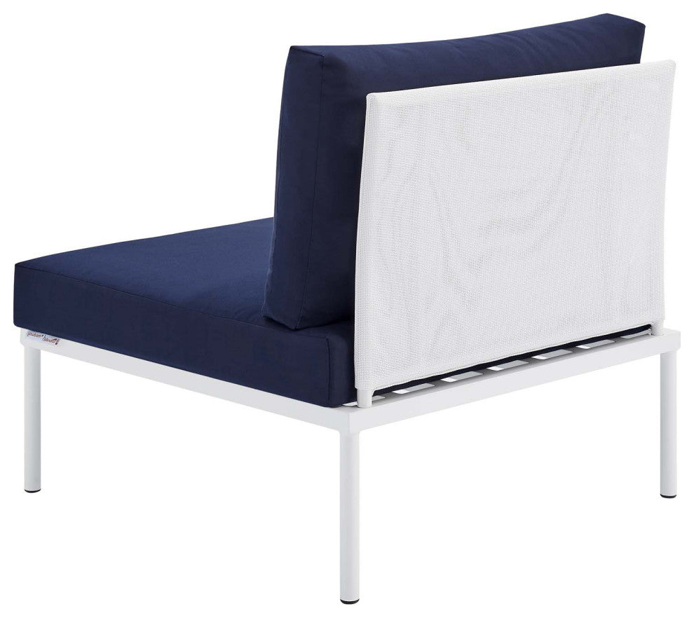 Sectional Sofa Chair Table Set, Sunbrella, Aluminum, White Blue Navy, Outdoor