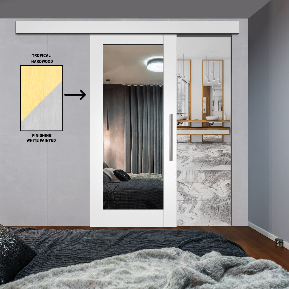 Mirrored White Painted Solid Wood Sliding Barn Door + Full Length Mirror, 36"x84" Inch, Hardware With Fascia, 1x Mirror One-Side