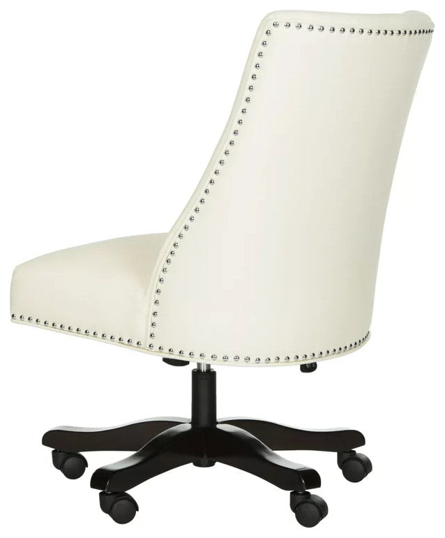 Contemporary Office Chair, Swiveling Padded Seat With Brass Nailhead Trim, Cream