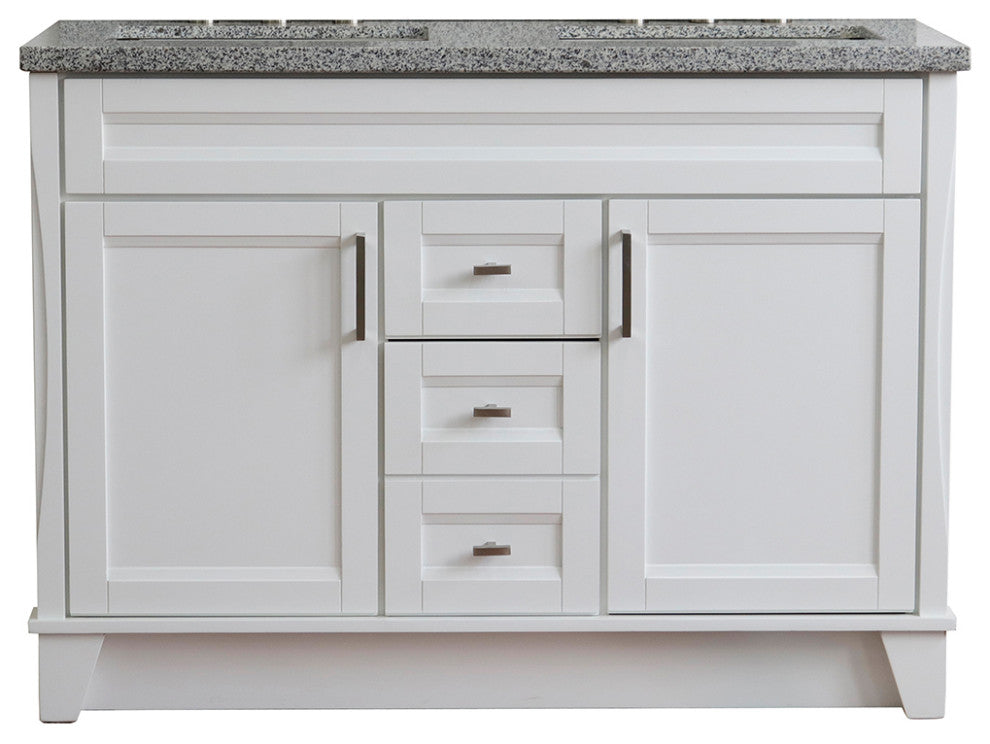48" Double Sink Vanity, White Finish With Gray Granite And Rectangle Sink
