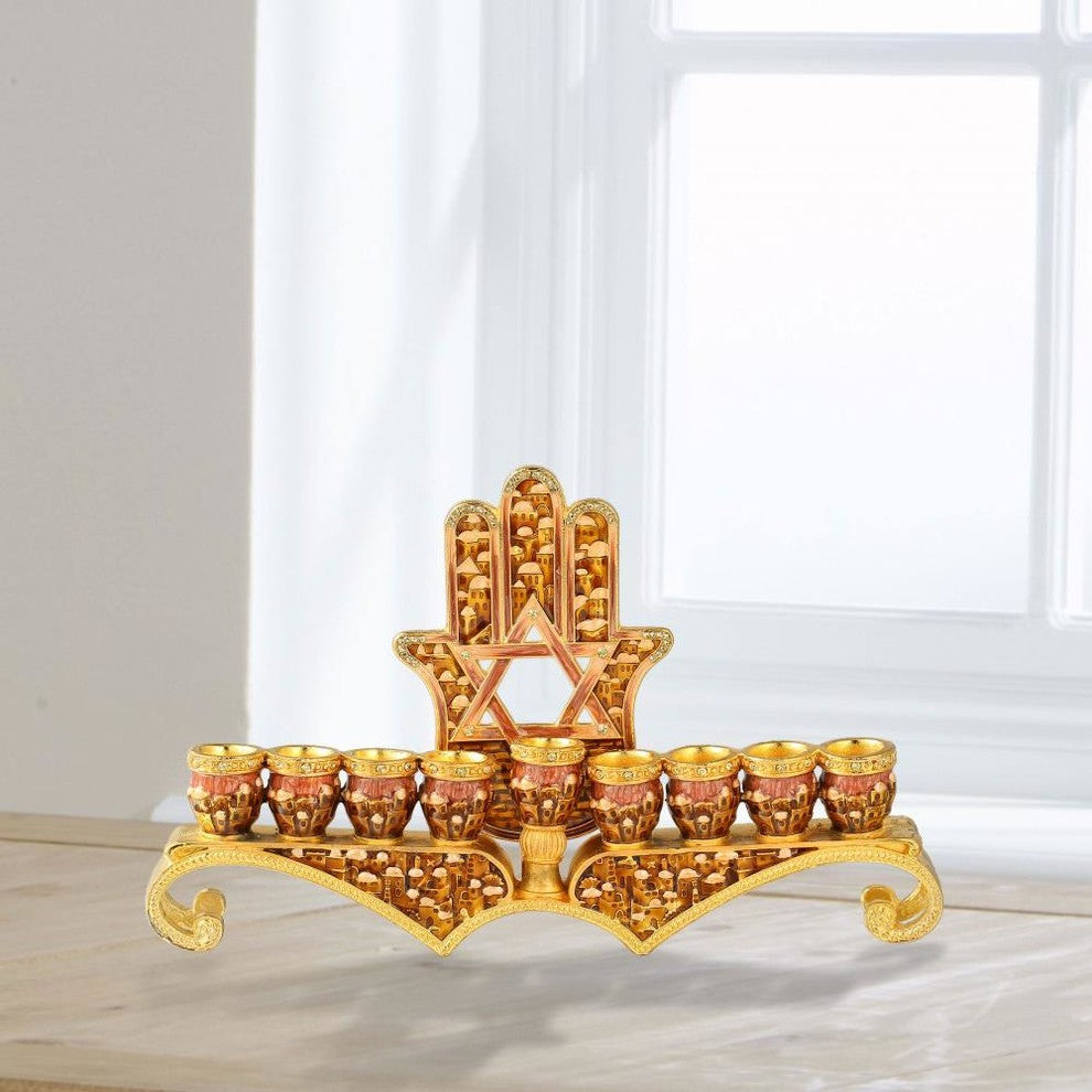 Hand Painted Enamel Menorah Candelabra Hamsa with Star of David Design