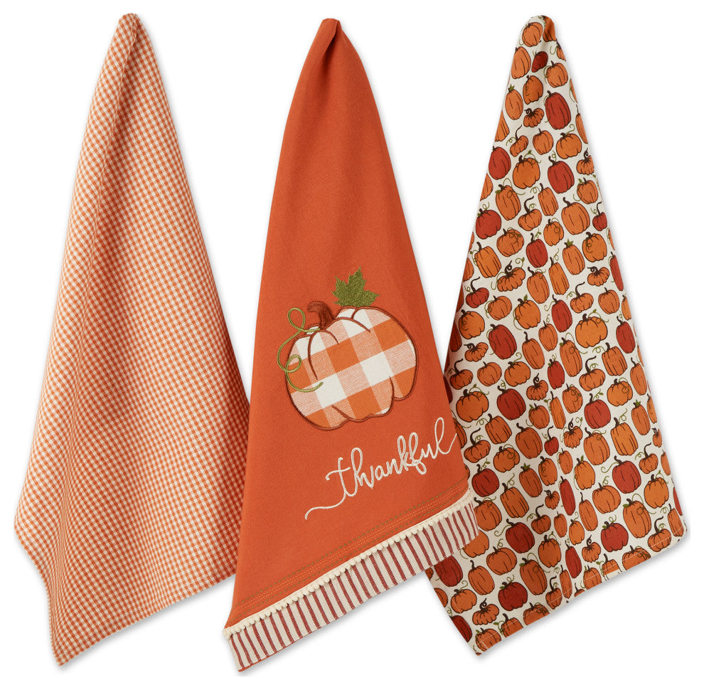 Assorted Thankful Check Pumpkin Dishtowel (Set of 3)