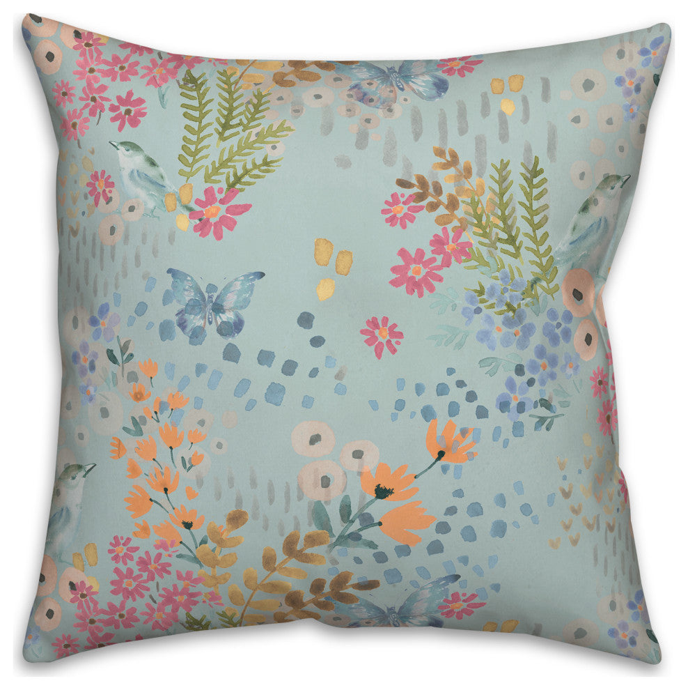 Butterfly Bird Floral on Blue 18x18 Spun Poly Pillow