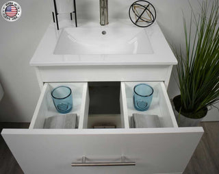 Napa 30" Modern Floating Bathroom Vanity With Ceramic Top and Round Handles, White