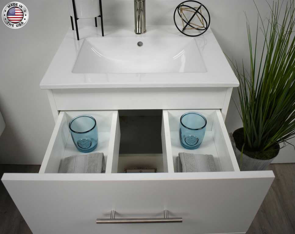 Napa 30" Modern Floating Bathroom Vanity With Ceramic Top and Round Handles, White