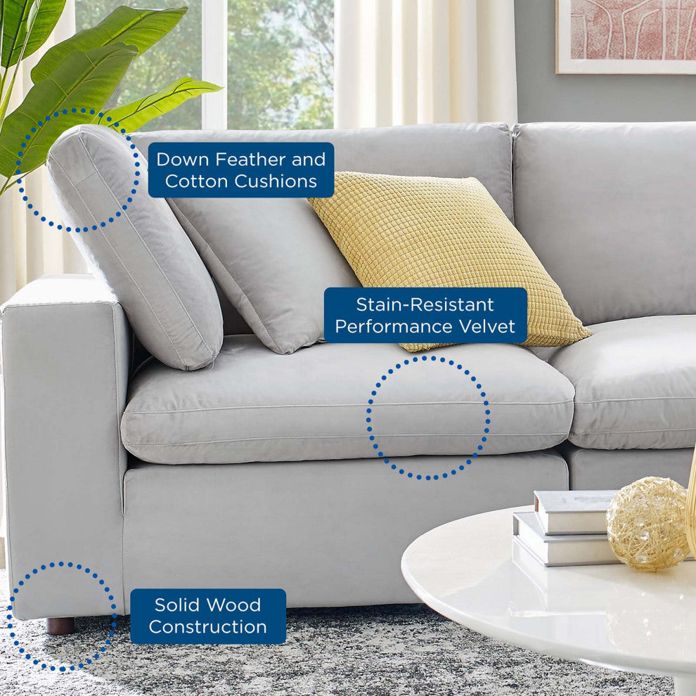 Commix Down Filled Overstuffed Performance Velvet 4-Seater Sofa Light Gray