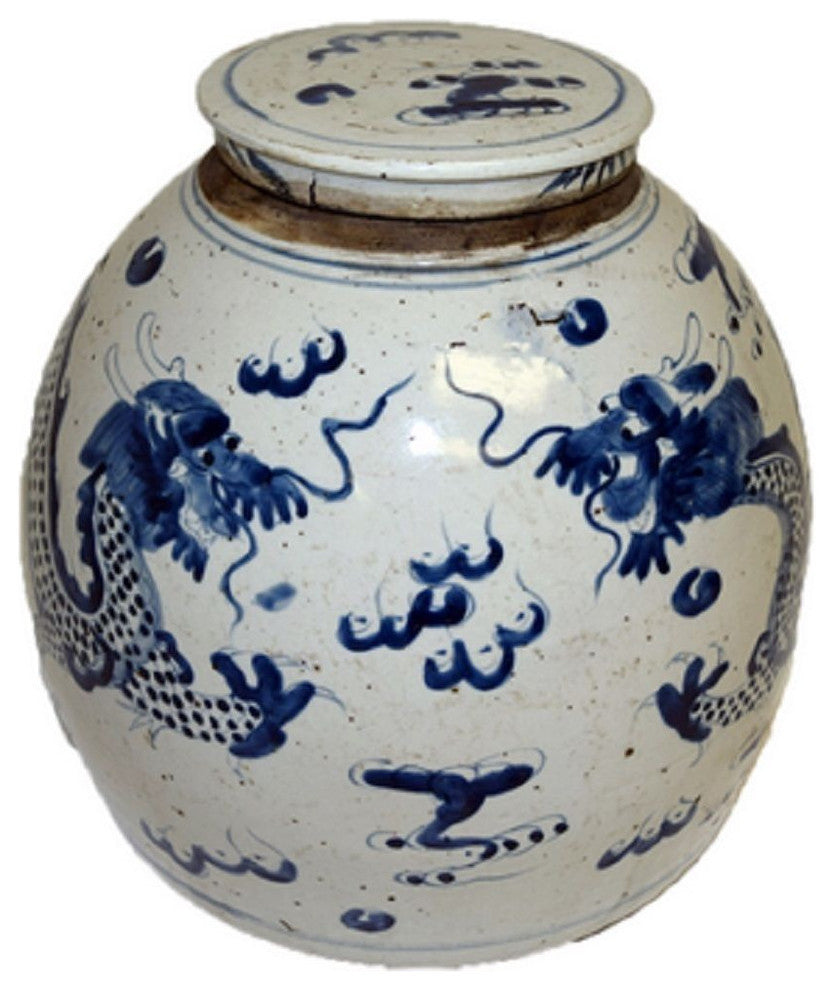 Vintage Style Blue and White Porcelain Lidded Ginger Jar Dragon Motif 11"