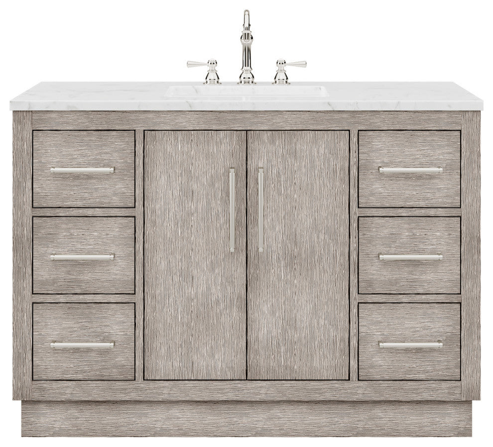 Hugo Carrara White Marble Countertop Vanity in Gray Oak with Chrome Hardware, 48", Vanity Only