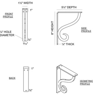 1 1/2"x5 1/2"x8" Ashford Single, Wrought Iron Bracket