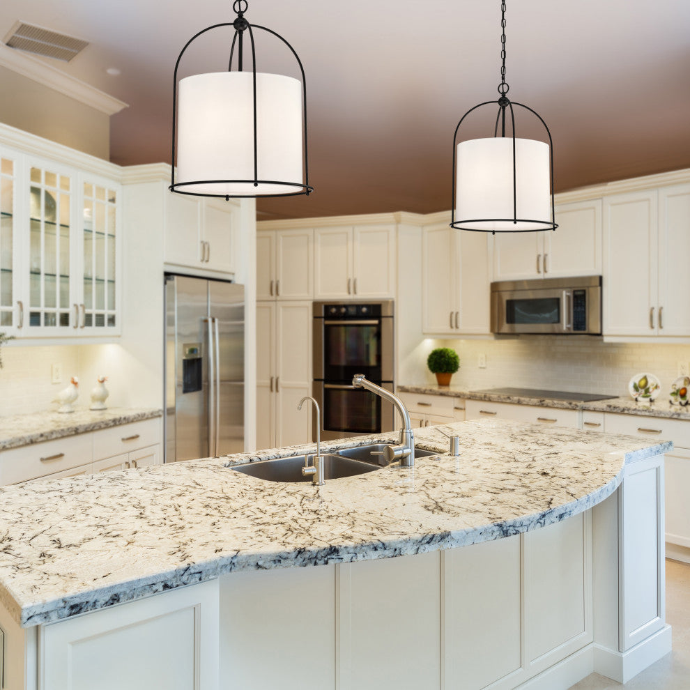 3-Light Matte Black Finish 18 in. Cage Chandelier With White Fabric Shade