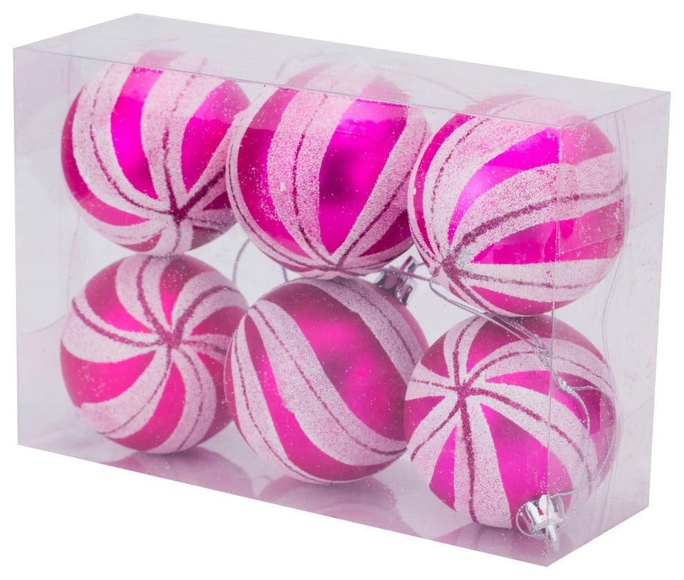 2.36" Hot Pink Matte Ornament With Pink And White Glitter Sprial Stripes, 6 Pack