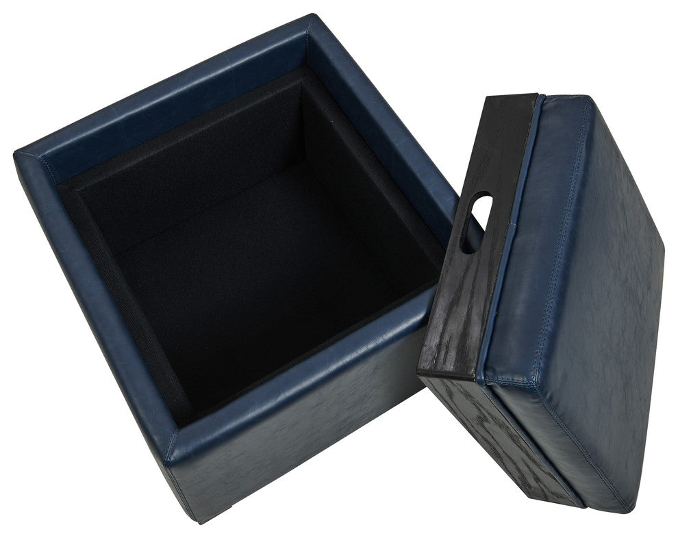 Cameron Square Storage Ottoman w/ tray, Vintage Blue, Bonded Leather