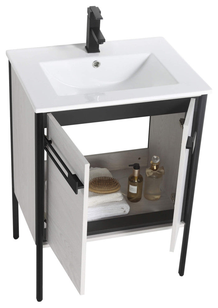 Oakville Bath Vanity, Ceramic Sink, Mild Grey Oak, 24 Inch, Black Hardware