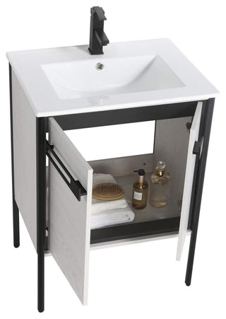 Oakville Bath Vanity, Ceramic Sink, Mild Grey Oak, 24 Inch, Black Hardware