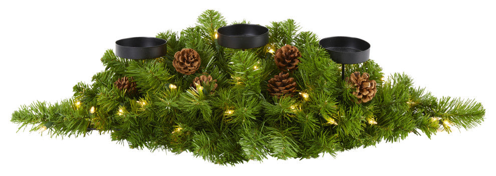 30ï¿½ Christmas Pine Triple Candelabrum with 35 Clear Lights and Pine Cones